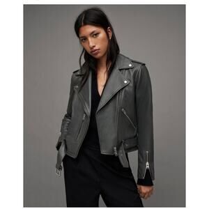Allsaints Balfern City Smoke Gray Epaulette Lined Biker Leather Jacket Sz 4/S